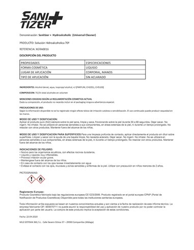 BOTELLA HIDROALCOHOL 150 ml SANITIZER