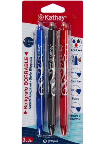 BLISTER BOLIGRAFO KATHAY BORRABLE 3 COLORES