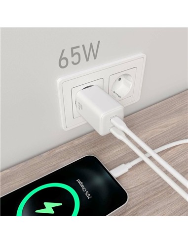 CARGADOR DE PARED AISENS GAN 2XUSB-C 65W WHITE