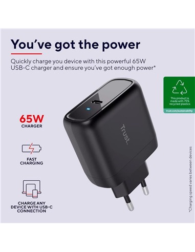 CARGADOR TRUST MAXO USB-C 65W 2M BLACK