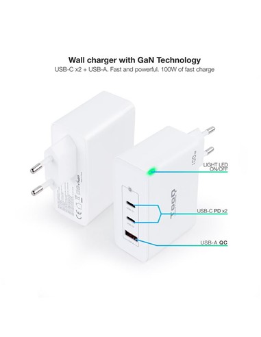CARGADOR DE PARED TOOQ 100W USB-A/QC+ 2XUSB-C/PD W