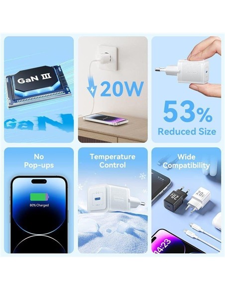 CARGADOR DE PARED VENTION GAN USB-C 20W BLACK + CA