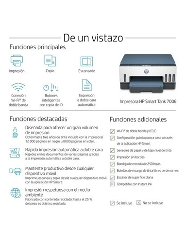 IMPRESORA HP SMART TANK MULTIFUNCION 7006 COLOR WI