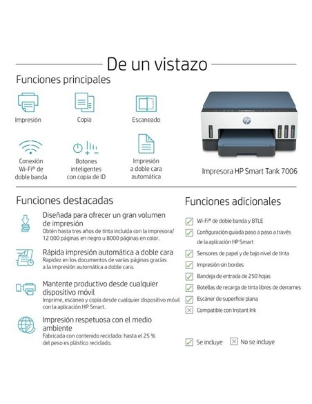 IMPRESORA HP SMART TANK MULTIFUNCION 7006 COLOR WI